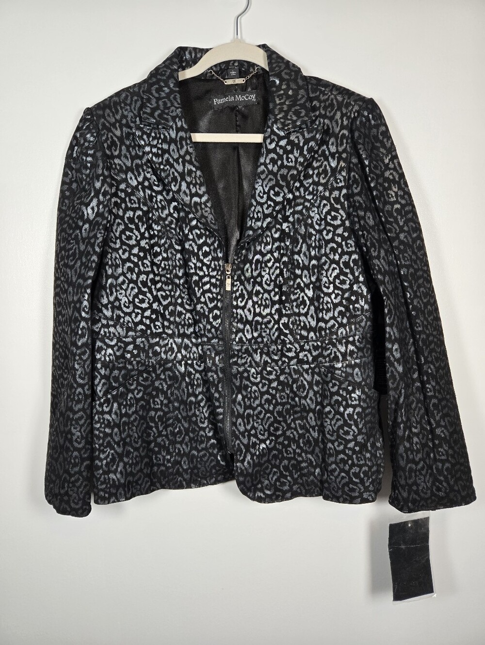 NEW Pamela McCoy Black Metallic Silver Genuine Leather Leopard Print Jacket LG